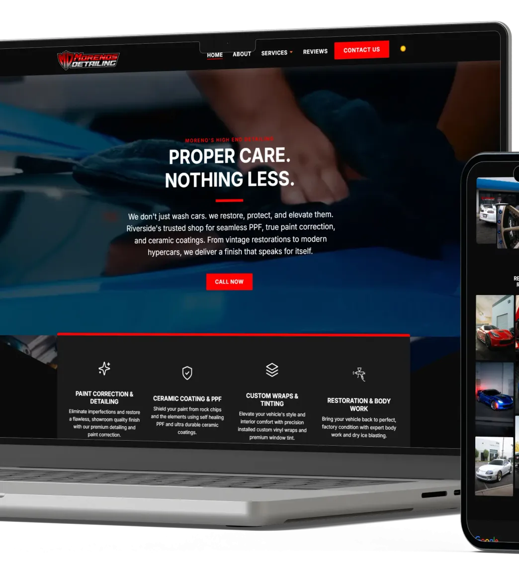 Moreno's Detailing website mockup on laptop and mobile